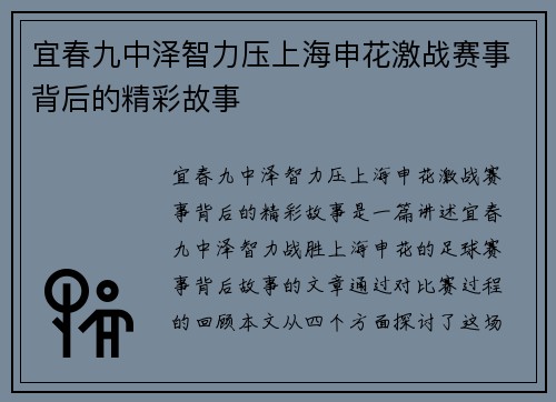 宜春九中泽智力压上海申花激战赛事背后的精彩故事